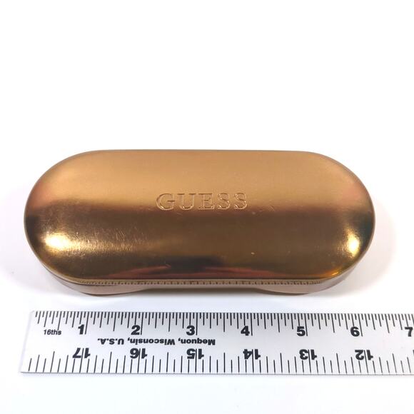 GUESS Gold Hard Eyeglass 6" Clamshell Case Glasses Holder Logo Brown Felt Lining - Picture 5 of 5